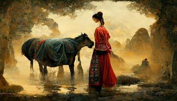målning av en kvinna stående Nästa till en häst. generativ ai. foto