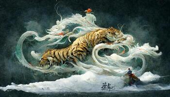 målning av en tiger hoppa ut av de vatten. generativ ai. foto