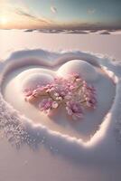 hjärta tillverkad ut av snö med blommor i de mitten. generativ ai. foto