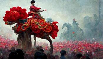 målning av en kvinna ridning på de tillbaka av en häst. generativ ai. foto
