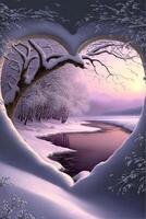 målning av en hjärta formad träd i de snö. generativ ai. foto