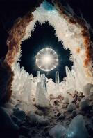 grotta fylld med massor av is kristaller. generativ ai. foto