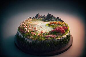 stänga upp av en kaka med blommor på Det. generativ ai. foto
