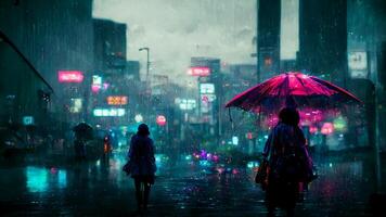 två människor gående i de regn med ett paraply. generativ ai. foto