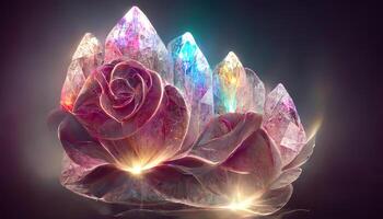 kristall reste sig blommor. ai genererad magi blomma, mystisk lysande Ädelsten. generativ ai foto