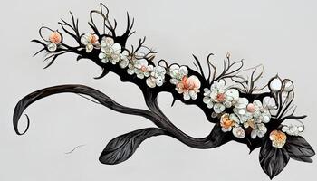 underbar gren med vår blommor, realistisk frukt träd gren, detaljerad hand dragen klämma konst element. generativ ai foto