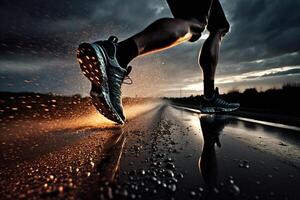 Foto Bakom ben av idrottare löpning på de väg spår i solnedgång Träning för maraton och kondition. ai genererad