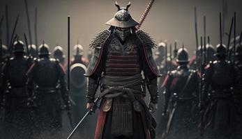illustration målning en samuraj med en katana står redo till bekämpa mot en enorm armén. 3d illustration. 3d illustration, digital konst stil, generera ai foto