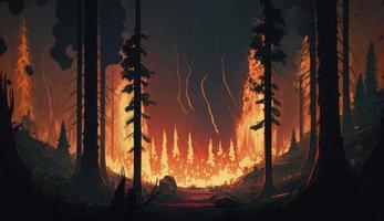 löpeld, skog brinnande, 4k digital målning. illustration av träd den där bränna. vild lågor rasande tråg de miljö. bakgrund, tapet. röd lågor, generera ai foto