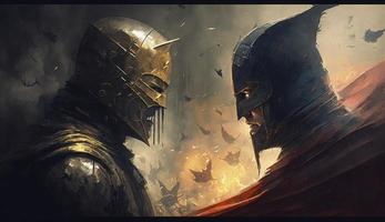 illustration målning av en konfrontation mellan en hjälte och en skurk uppsättning mot, generera ai foto
