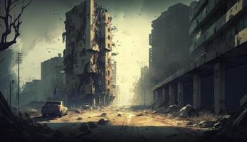 illustration målning av förstörd övergiven stad, digital illustration, ruiner kuslig grunge teckning skrämmande Skräck zombie apokalyps, byggnader, vägar, generera ai foto