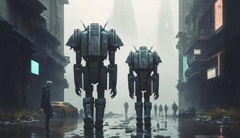 illustration målning av robotar tillbaka se på de gator av ett övergiven trogen stad på en regnig dag., digital konst stil, generera ai foto