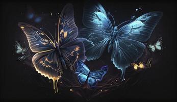 natt lysande fjärilar på mörk abstrakt bakgrund, generera ai foto
