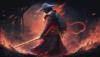 en samuraj i en demonisk röd mask på de slagfält gör en gunga med en katana skapande en fräsande brand ringa runt om, han är en mystisk krigisk. illustration målning, generera ai foto