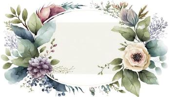 vattenfärg blommig illustration uppsättning - buketter, ram, gräns. blommor, reste sig, pion, blad grenar samling. bröllop inbjuder, tapeter, mode. eukalyptus oliv löv kamomill, generera ai foto
