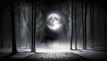 mörk abstrakt vinter- skog bakgrund. trä- golv, snö, dimma. mörk natt bakgrund i de skog med månsken. natt se, generera ai foto