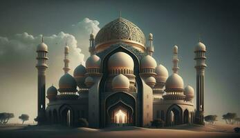 illustration av Fantastisk arkitektur design av muslim moské ramadan kareem, islamic arkitektur bakgrund ramadan kareem, islamic moské, ramdan, ramzan, eid, kultur, arab, generera ai foto