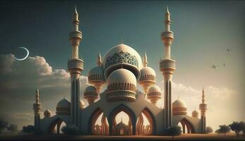 illustration av Fantastisk arkitektur design av muslim moské ramadan kareem, islamic arkitektur bakgrund ramadan kareem, islamic moské, ramdan, ramzan, eid, kultur, arab, generera ai foto