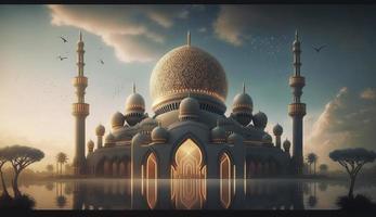 illustration av Fantastisk arkitektur design av muslim moské ramadan kareem, islamic arkitektur bakgrund ramadan kareem, islamic moské, ramdan, ramzan, eid, kultur, arab, generera ai foto