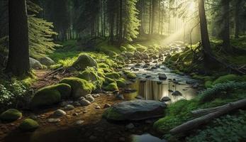 grön skog i solljus med skog ström, generera ai foto