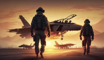 militär piloter nära jet kämpe på solnedgång. militär flyg. skapas med generativ ai foto