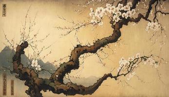 kinesisk landskap målning körsbär blomma skriva ut konst, japansk målning körsbär blomma, bläck vinter- ljuv, illustration, vattenfärg målning, kinesisk kultur, vattenfärg målar, generera ai foto