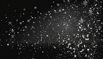 snöflingor faller ner på svart bakgrund, tung snö flingor isolerat, flygande regn, täcka över effekt för sammansättning, generera ai foto