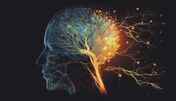 mänsklig huvud med lysande neuroner i hjärna. esoterisk och meditation begrepp. förbindelse med Övrig världar. skapar med generativ ai foto
