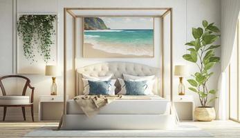 strand sovrum interiör modern och lyx semester med full blomma dekoration 3d framställa, generera ai foto