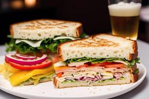 smörgås med skinka, ost och sallad på en vit tallrik. smörgås med tonfisk och grönsaker. generativ ai foto