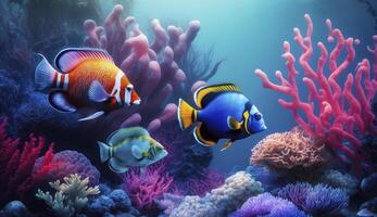 djur av de under vattnet hav värld. ekosystem. färgrik tropisk fisk. liv i de korall rev. ai genererad foto