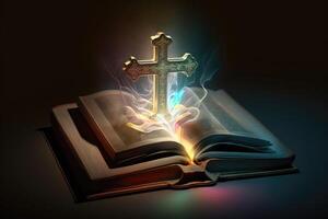 3d krucifix på bibel bok aura ljus. ai genererad foto