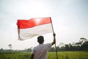 en man innehav en röd och vit indonesien flagga på topp av en frodig grön ris fält. ai genererad foto