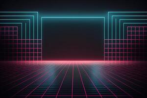 neon ljus retro bakgrund trogen rutnät landskap av de 80-tal, digital cyber yta. ai genererad foto