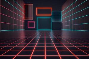 neon ljus retro bakgrund trogen rutnät landskap av de 80-tal, digital cyber yta. ai genererad foto