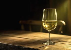 vinglas av vit vin på en trä- tabell i en restaurang foto