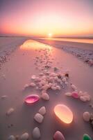siffra av stenar på en strand med en solnedgång i de bakgrund. generativ ai. foto