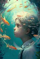 målning av en ung pojke omgiven förbi fisk. generativ ai. foto