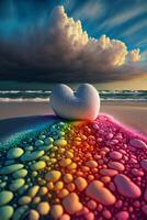 hjärta formad sten Sammanträde på topp av en strand. generativ ai. foto