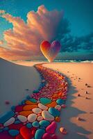 hjärta formad ballong flygande över en sandig strand. generativ ai. foto