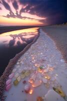 rad av hjärtan Sammanträde på topp av en sandig strand. generativ ai. foto