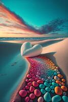 hjärta formad sten Sammanträde på topp av en sandig strand. generativ ai. foto