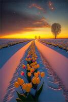 fält av gul tulpaner i de snö. generativ ai. foto