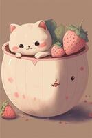 vit katt Sammanträde i en skål av jordgubbar. generativ ai. foto