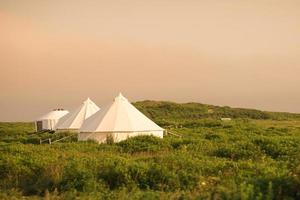 vita tält i ett fält med molnig blå himmel foto