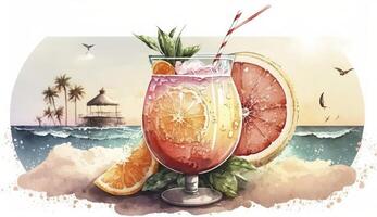 grapefrukt sommar cocktail på hav, vattenfärg stil illustration, generativ ai foto