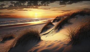solnedgång på de dyn strand, generera ai foto