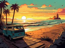 illustration av hav landskap sommar strand med palmer, båt, horisont på solnedgång. artoon stil illustration för t skjorta design. generativ ai. foto