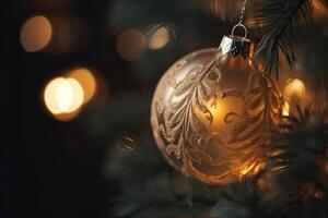 stänga upp se av skön gran grenar med skinande guld struntsak eller boll, xmas ornament och lampor, jul högtider bakgrund. generativ ai. foto