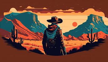 ai genererad. ai generativ. Västra inföding amerikan landskap med ensam cowboy och desrt rocks. vild väster. grafisk konst foto